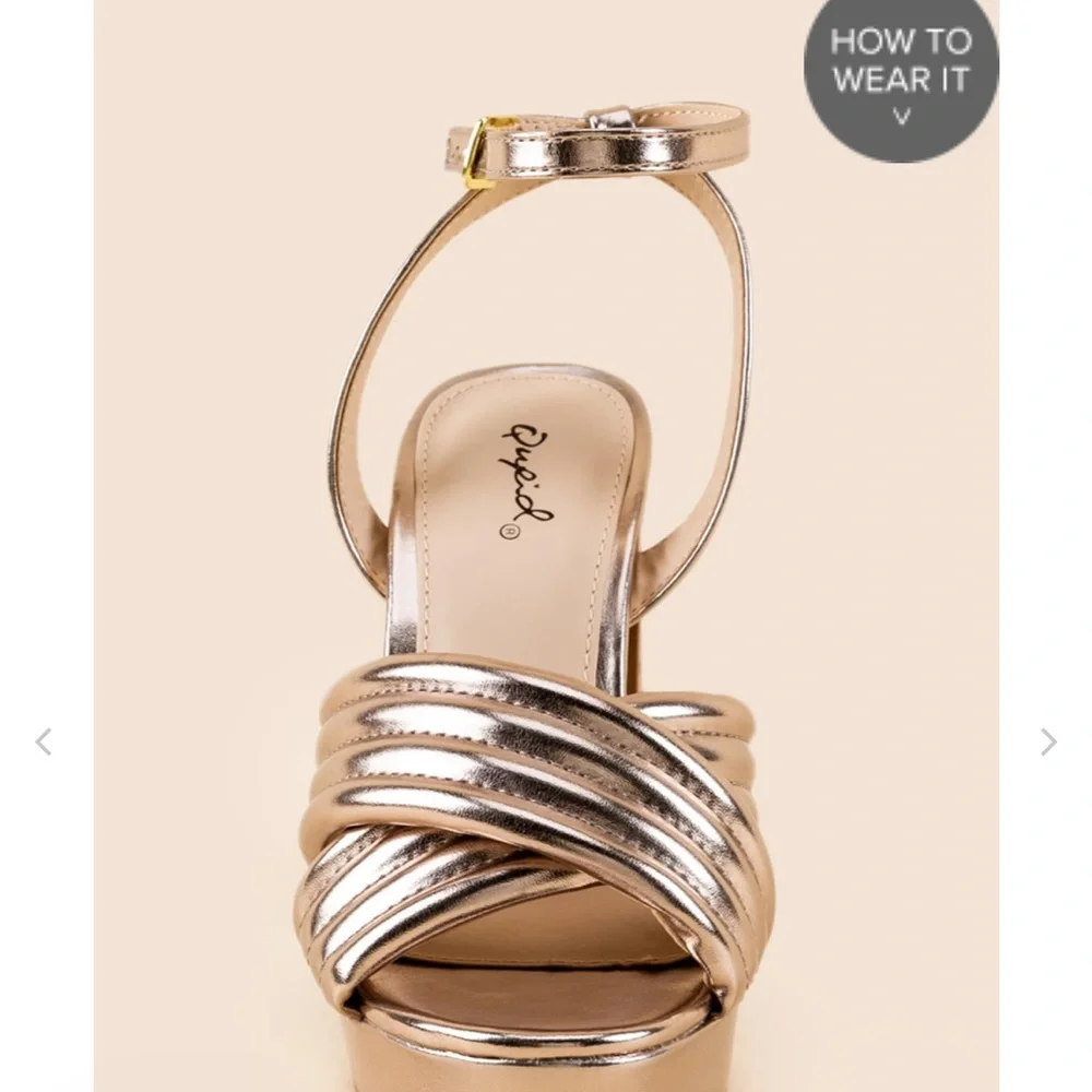 Qupid Metallic Rose Gold Platform Block Heel Sandals with Ankle Strap